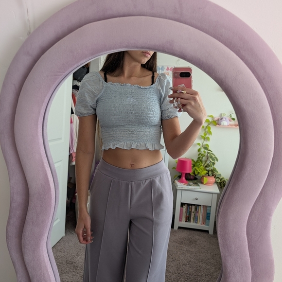 Active USA Tops - Light blue ruffled puffed sleeve shirt